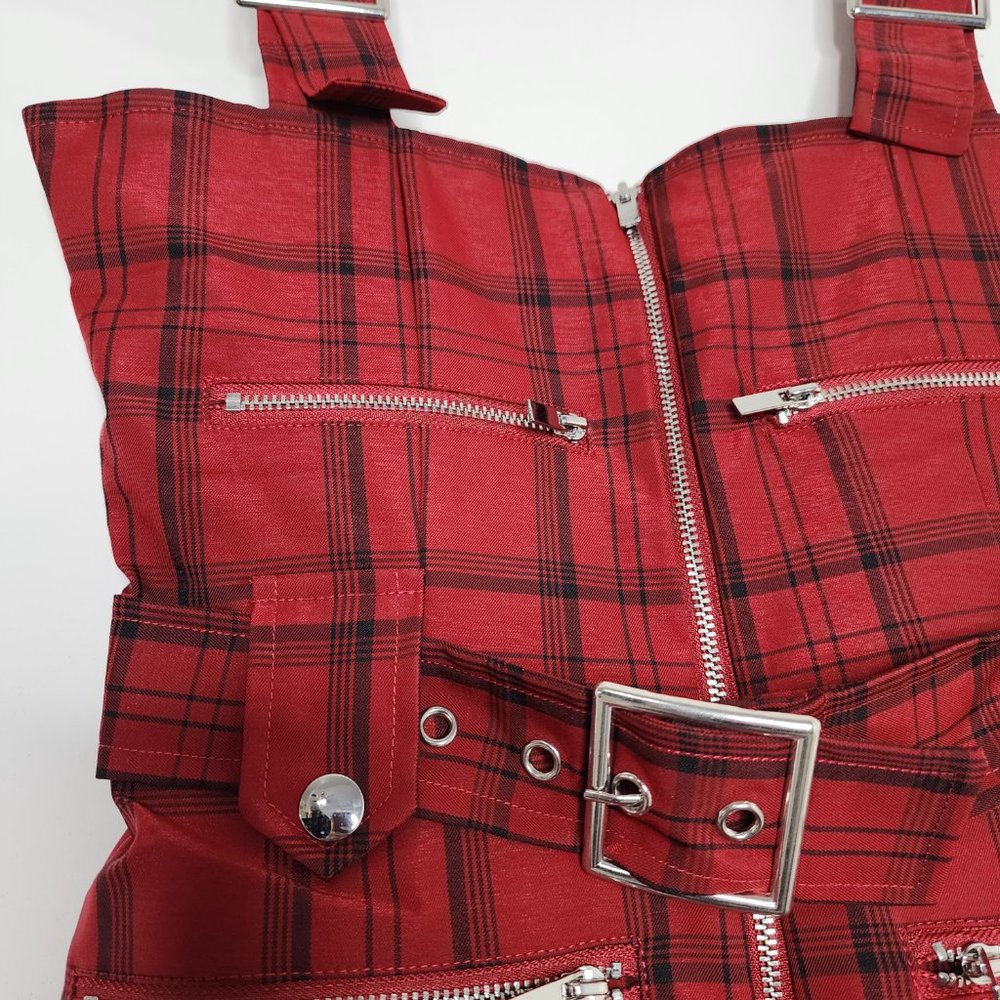 WeWoreWhat Y2K Plaid Moto Jumpsuit Overalls Stretch Buckle Adjustable Straps Red - Picture 7 of 9